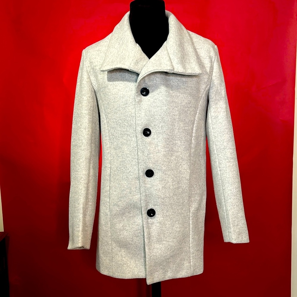 Shein Men Pocket Detail Single Breasted Overcoat Light Grey Size Small